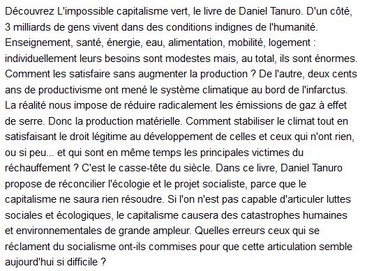  L'impossible capitalisme vert , Daniel Tanuro 