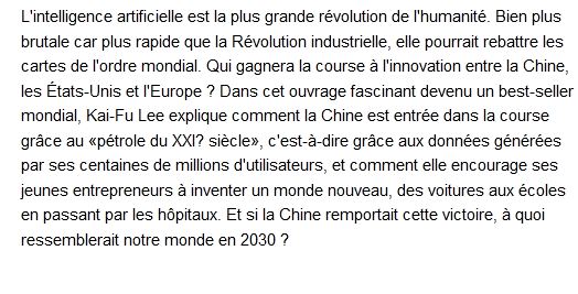  I.A. - La Plus Grande Mutation de l'histoire , Kai-Fu Lee 