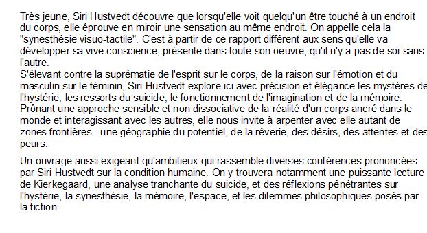 Essais sur la condition humaine, Siri Hustvedt