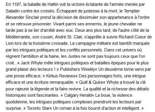  La Trilogie des Templiers, T2 L'Honneur des Justes Par Jack Whyte 