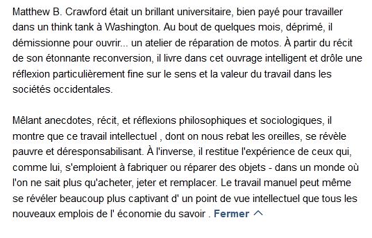 Éloge du carburateur Essai sur le sens et la valeur du travail Par Matthew B. Crawford